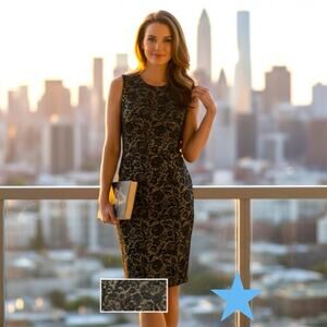 J. McLaughlin Black Gold metallic Lace Sleeveless Knee Length Sheath Dress S 2 4